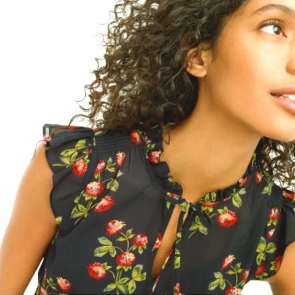 J.Crew Point Sur Silk Navy Floral Ruffle Sleeveless Blouse Chiffon Popover Small - Picture 4 of 4